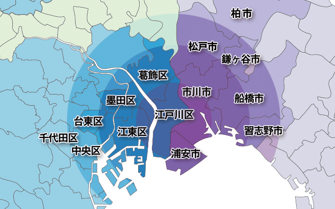 葛飾区、江戸川区、墨田区、江東区、台東区、千代田区、中央区、市川市、松戸市、柏市、浦安市、船橋市、鎌ヶ谷市、習志野市